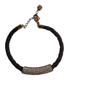 Swarovski Vintage Brown Braided Leather Rose Goldtone Signed Crystal Bracelet